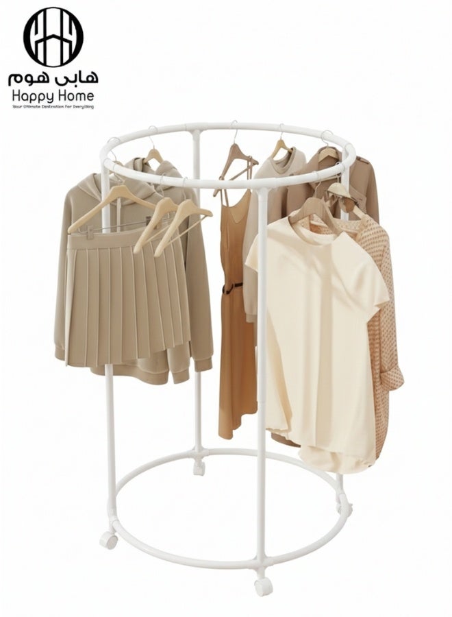 هابي هوم ستاند ملابس دائري متحرك بعجلات – شماعة ملابس معدنية قائمة بذاتها بزاوية دوران 360 درجة – منظم ملابس أرضي متعدد الاستخدامات للمنازل والمحلات التجارية والبوتيكات – تصميم عملي بثبات عالي وقدرة تحمل قوية وسهل التركيب - Image 1